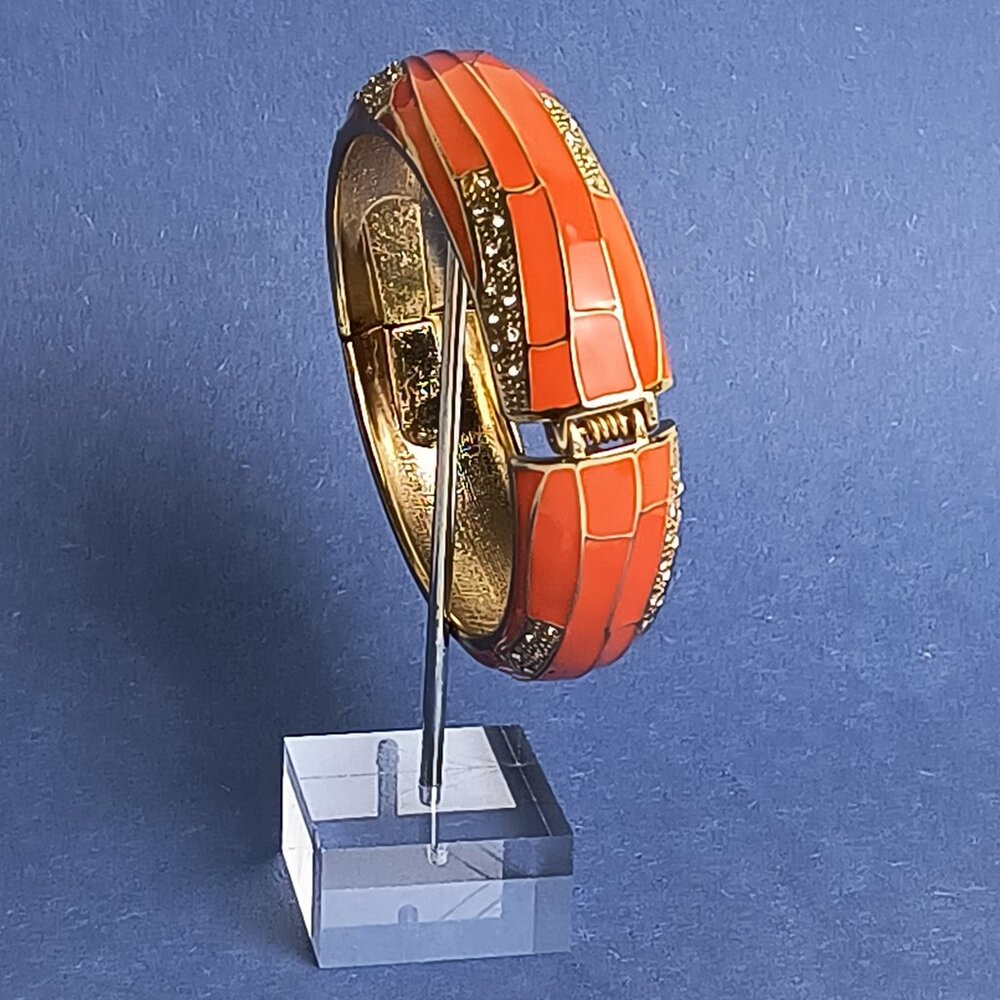 Burnt Orange Butterfly Wing Enamel Bangle Hinge Bracelet Rhinestone